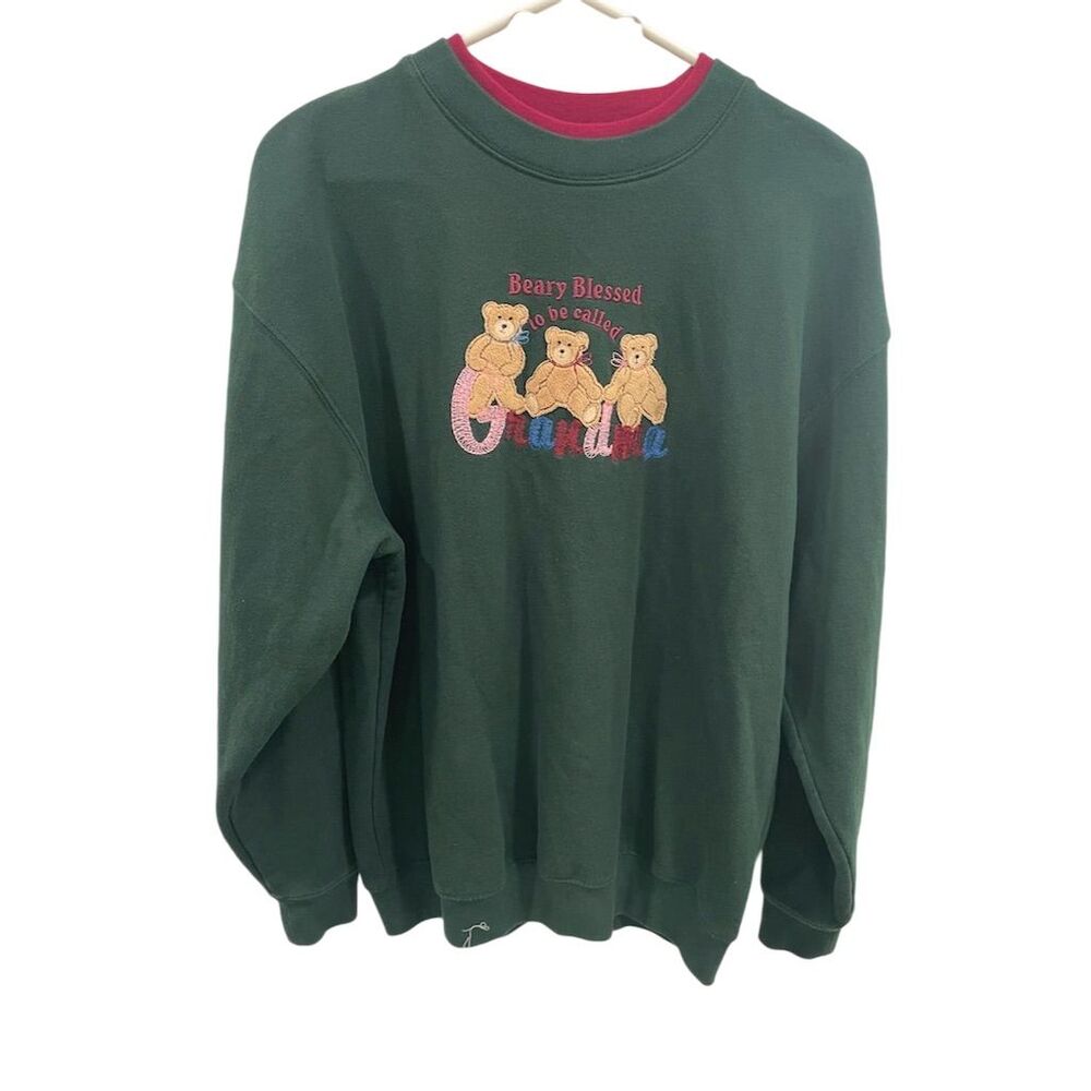 Vintage Women's Green Graphic Sweatshirt Beary Blessed‎ Grandma L